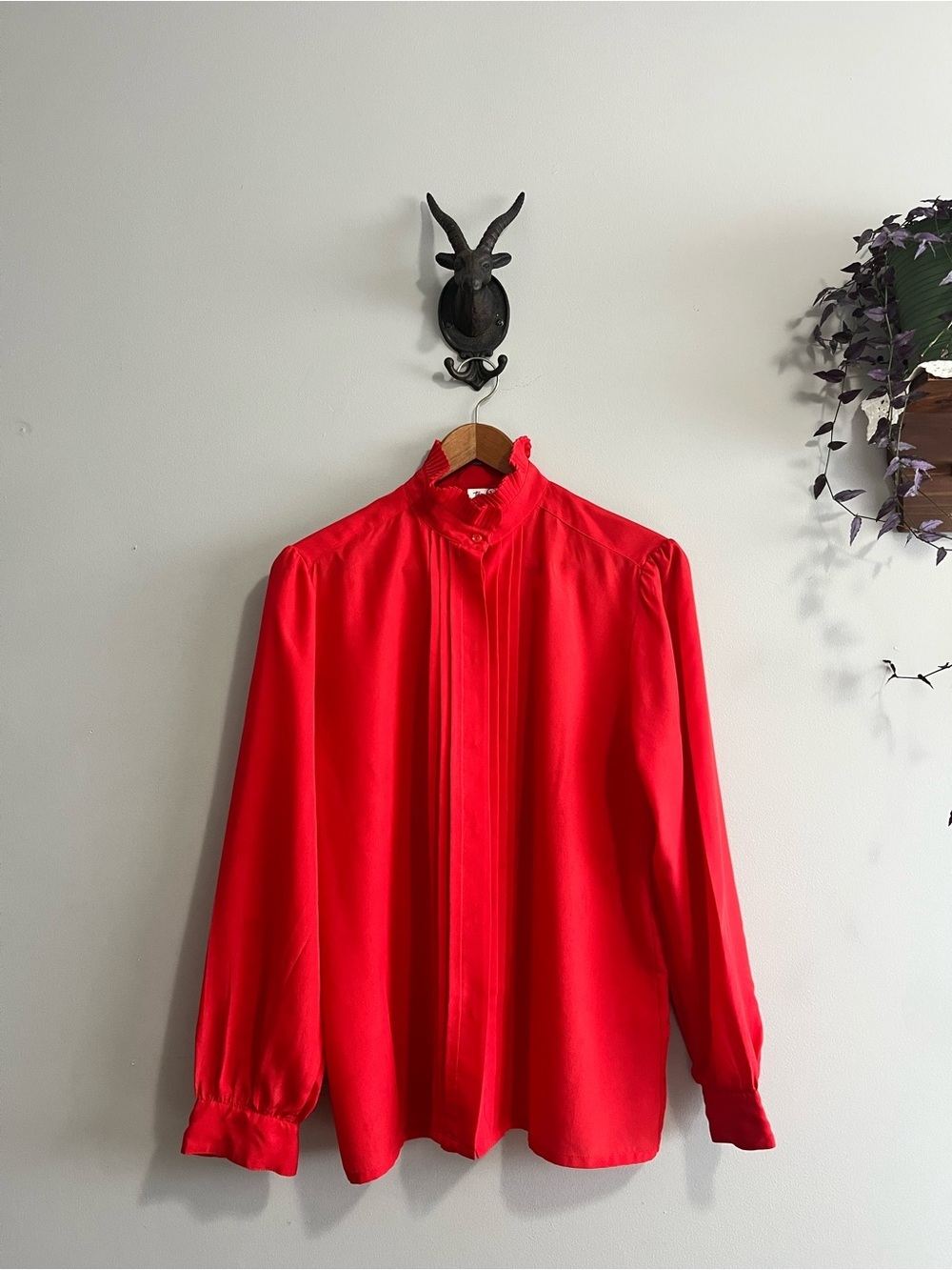 VINTAGE 80’s Red Ruffle Neck Blouse size medium
